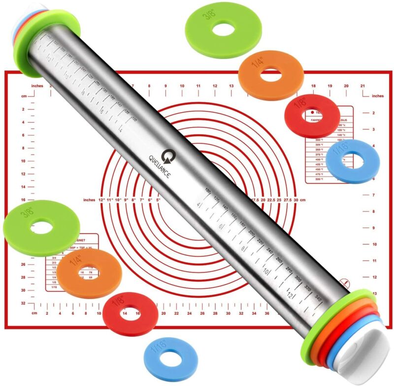 Adjustable Stainless Rolling Pin+ Rings And Pastry Mat