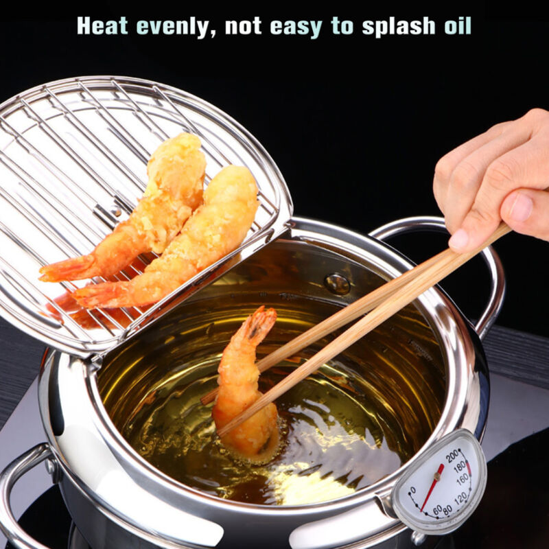 Japanese Style Stainless Steel Deep Fryer Pot With Thermometer & Oil Drainer