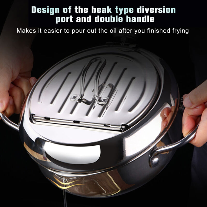 Japanese Style Stainless Steel Deep Fryer Pot With Thermometer & Oil Drainer