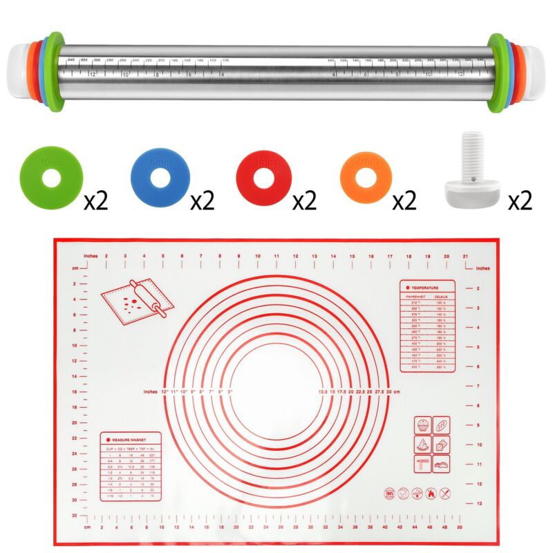 Adjustable Stainless Rolling Pin+ Rings And Pastry Mat