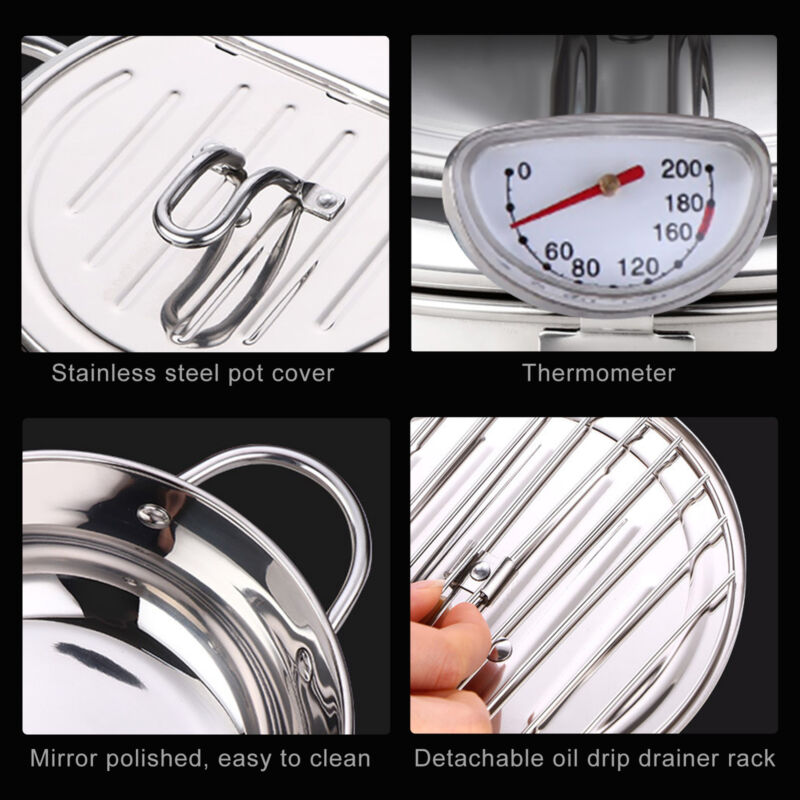 Japanese Style Stainless Steel Deep Fryer Pot With Thermometer & Oil Drainer