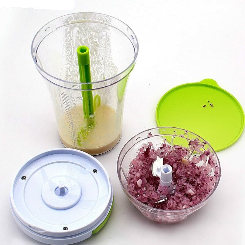 Hand powered Food Chopper, Handheld Masher, Mixer With Measuring Container