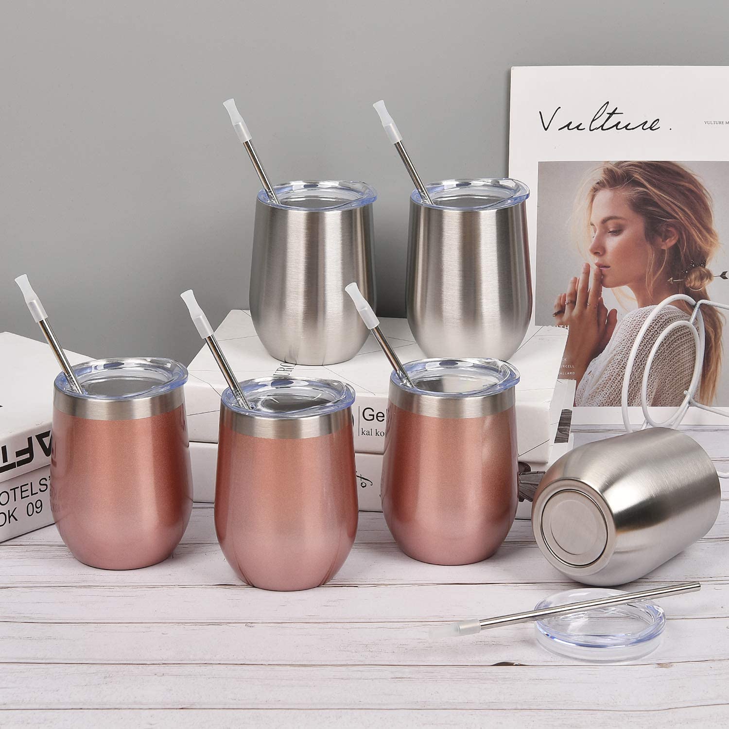 6 Pack 12Oz Stainless Steel, Stemless Wine Tumbler, Glasses Set with Lid & Straw